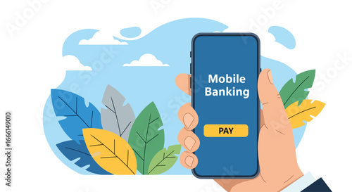 Flat illustration of a hand holding a smartphone with a mobile banking app screen, representing digital payments, online finance, and modern financial technology for business and personal use
