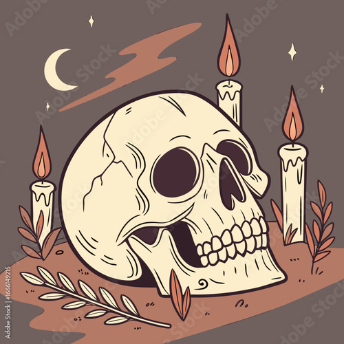 Illustration of a white skull with two lit candles on a gray surface with minimal foliage and shadows