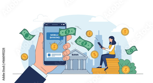 Flat illustration of a woman using mobile banking for money transfer, showing online finance, digital payments, and modern financial technology in a city background for business and personal use