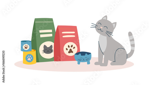 Pets food concept. A cat with dry and wet food and a plate isolated on white background. Vector flat banner.