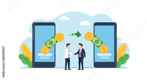 Flat illustration of two businessmen shaking hands as money transfers between smartphones, symbolizing digital payments, secure online banking, and modern financial technology for business