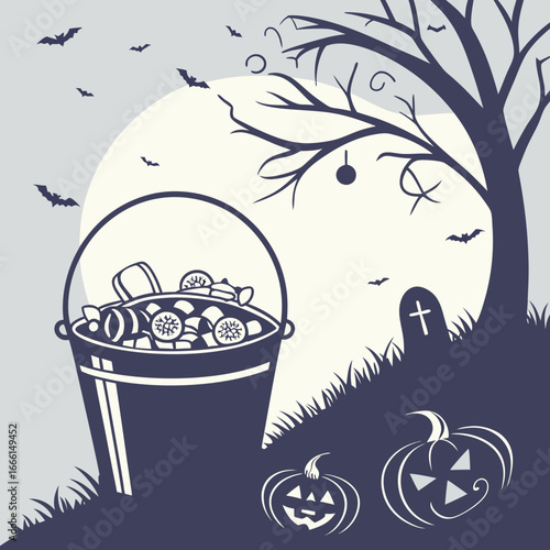 A spooky illustration of a bucket filled with bags under a tree with a moon and a small lantern