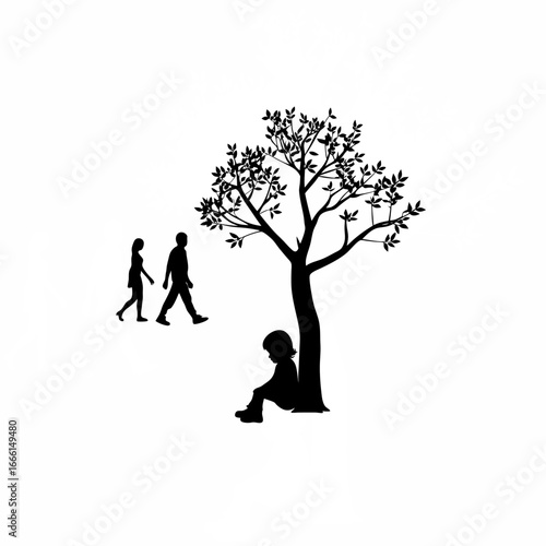 Family silhouette with child sitting under a tree parents walking apart isolated on white background silhouette