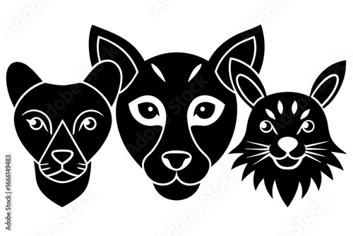 Vector art of three animal heads a lion, a wildcat, and a rabbit in black and white silhouette vector illustration