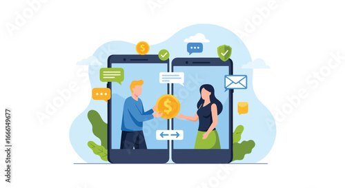 Flat illustration of people transferring money through mobile phones, symbolizing online banking, secure digital payments, financial technology, and peer-to-peer transactions for business and personal