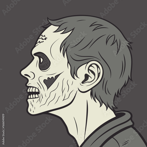 Illustration of a zombie head in profile with visible teeth and decaying skin and gray hair and shirt