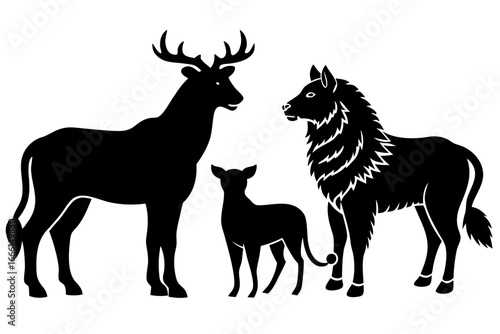 Vector art of silhouette of a deer, dog, and wolf, representing the diversity of wildlife and the contrast between domestic and wild animals