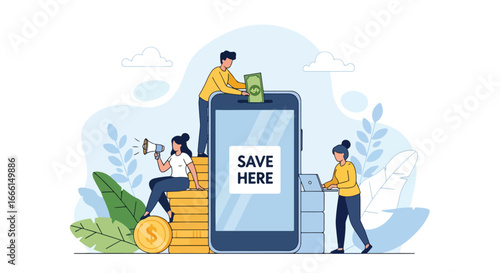 Flat illustration of people using a mobile app for saving money, showing teamwork, digital banking, and financial growth for personal finance, business, and investment concepts