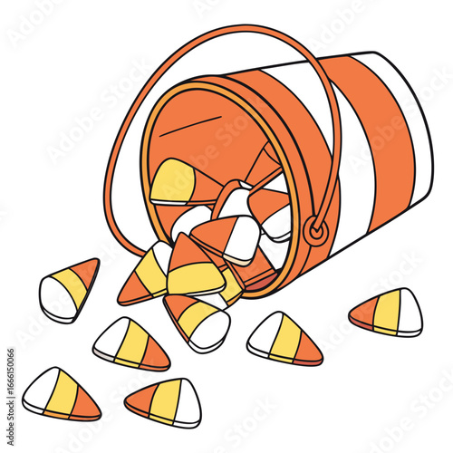 A bucket with orange and white stripes spilling candy corn pieces onto a white surface illustration style