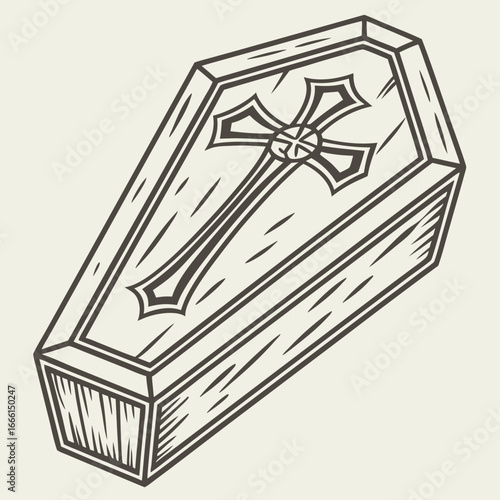 Illustration of a detailed wooden coffin with a cross design on top in a vintage drawing style art