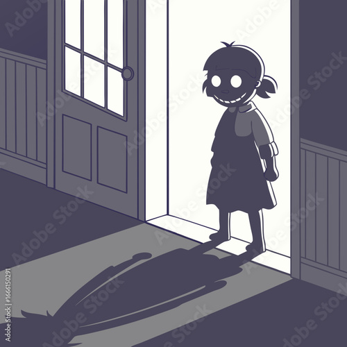 A creepy girl with glowing eyes stands in a doorway casting a long shadow in a dark hallway scene
