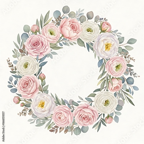 Soft watercolor floral wreath with delicate pink and white roses and greenery