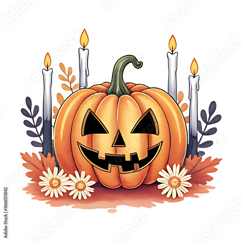 Jack-o'-lantern pumpkin surrounded by candles, autumn leaves and flowers. Halloween themed PNG illustration in watercolor style.