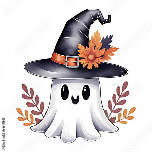 Cute smiling ghost wearing a witch hat decorated with autumn leaves and wildflowers. Watercolor Halloween PNG illustration.
