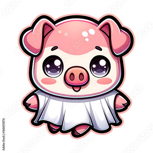 Adorable cartoon pig in a cute white ghost costume with big sparkling eyes and rosy cheeks, kawaii halloween illustration of a pig dressed up for trick or treating on halloween.