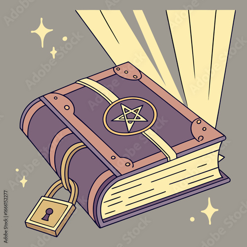 Illustration of a locked spell book with a pentagram symbol and light rays on a gray background