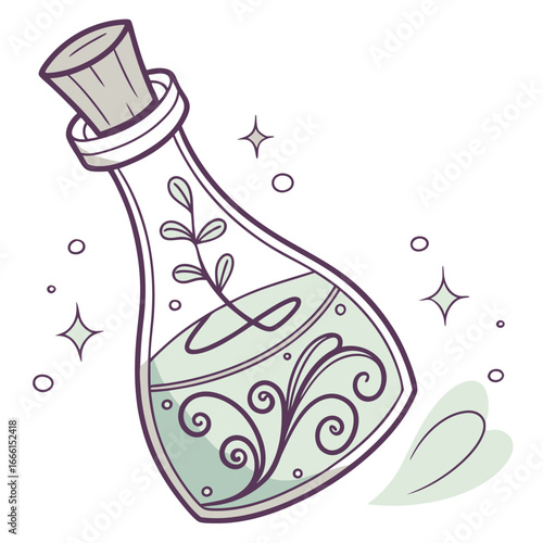Illustration of a potion bottle with a cork stopper containing a green liquid and plant design inside it