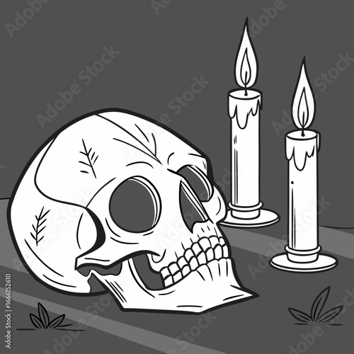 Illustration of a white skull with two lit candles on a gray surface with minimal foliage and shadows
