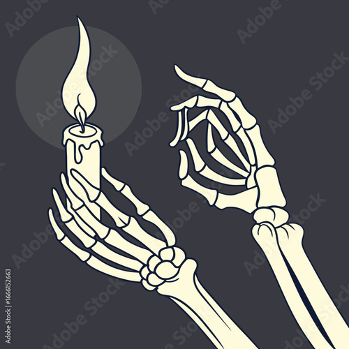 Two skeleton hands one holding a candle and the other making an ok sign on a dark gray background