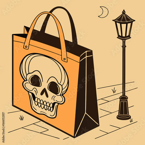 A halloween themed illustration showing a skull tote bag next to a vintage street lamp under a crescent moon
