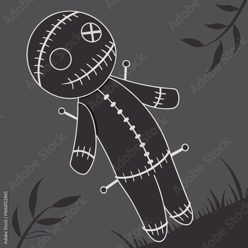 A stylized voodoo doll with pins stuck in it against a dark gray background with leaves and grass details