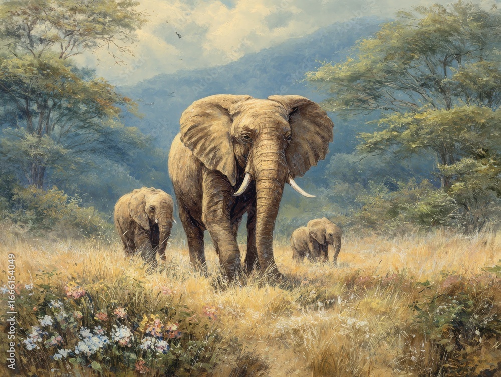Obraz premium Elephant Family Frolic: Majestic Adult with Playful Calves in Lush Savannah Paradise