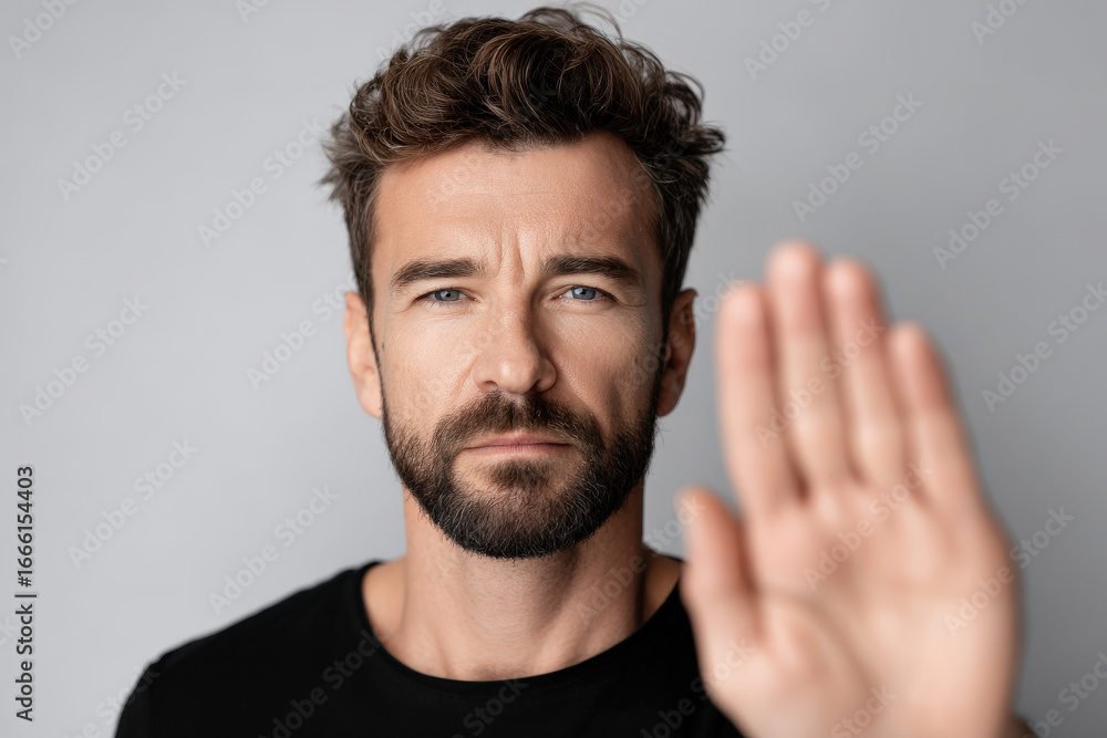 Obraz premium single person confidently raises their hand in stop gesture conveying clear message