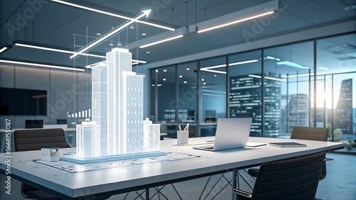 A futuristic blurred office with while glowing construction project rise from the table surface.