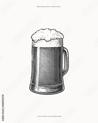 Glass mug filled with beer and foam on top. Hand drawn vintage style black and white vector illustration. Brewery and pub culture concept. Design for print, poster, card, invitation, banner