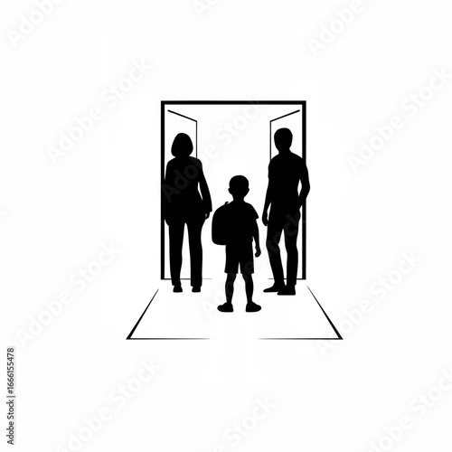 Family silhouette at doorway with child and backpack isolated on white background