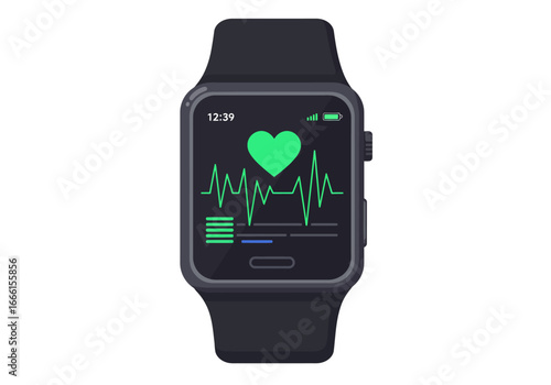A black smartwatch displays a green heart and heartbeat line on its screen indicating health monitoring