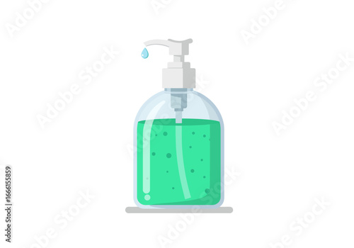 A clear dispenser bottle filled with green liquid featuring a pump and a small droplet hanging from it
