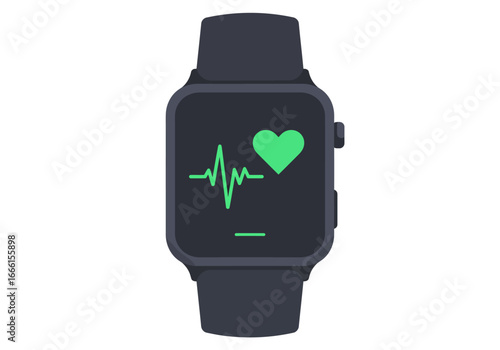 A dark gray smartwatch displays a green heart and a heartbeat line on its screen