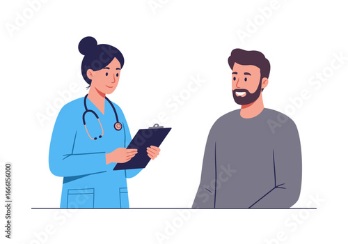 A doctor with a stethoscope holds a clipboard while a bearded man listens both smiling