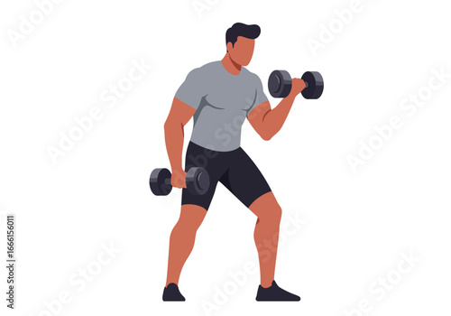 A figure in workout gear curls dumbbells