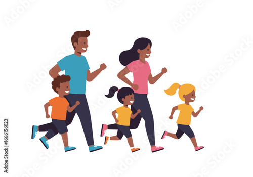 A family of five depicted as running together smiling and dressed in casual clothing against a white background