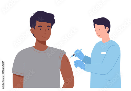 A man receives a vaccine injection in his arm from a healthcare worker