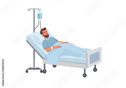 A man lies in a hospital bed with an IV drip