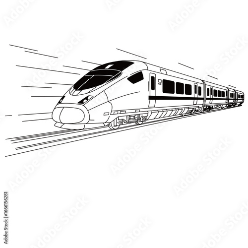Black and white vector silhouette of a futuristic high-speed train with dynamic motion lines on a white background
