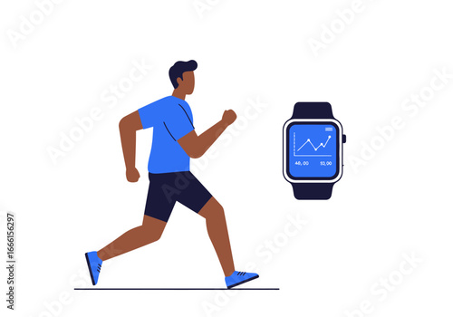 A runner strides past a smartwatch showing a performance graph on its screen