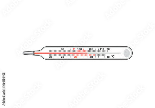 A thermometer shows a reading with red liquid marked with Celsius and Fahrenheit scales