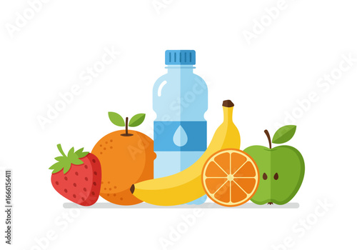 A water bottle is centered between an arrangement of fruits strawberry orange banana  green apple