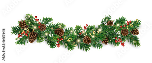 Horizontal Christmas garland with pine cones, fir branches, holly berries, glowing lights, and ribbons. Perfect for holiday banners, cards, and party posters. Transparent background in vector file.