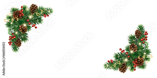 Christmas corner decoration with pine cones, fir branches, holly berries, glowing lights, ribbons. Great for festive banners, greeting cards, party designs. Transparent background in vector file.