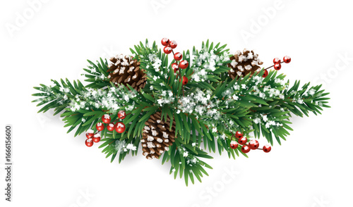 Horizontal Christmas garland with snowy fir branches, pine cones, and holly berries. Festive design for winter banners, cards, invitations, and seasonal posters. Transparent background in vector file.