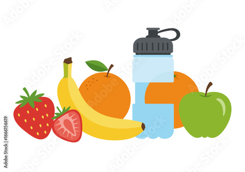 An illustration of healthy snack options featuring fruits and a water bottle