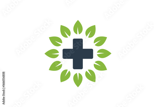 Central dark cross surrounded by green leaves in a circular arrangement on a white background