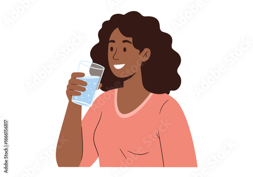Cartoon woman smiles holds glass of bubbly liquid wearing a peach shirt