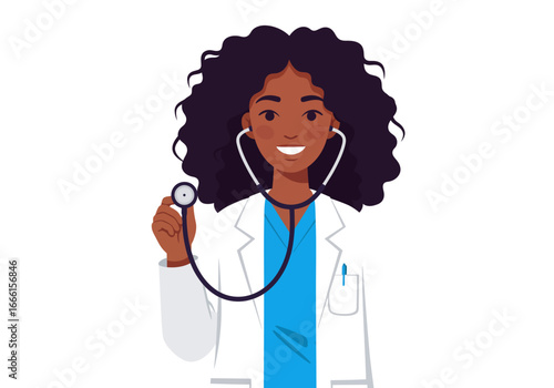 Cartoonstyle illustration of a smiling Black doctor with a stethoscope