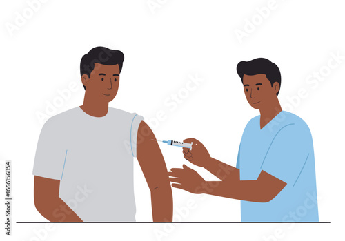 Darkskinned man receives a vaccine in the upper arm from a medical professional